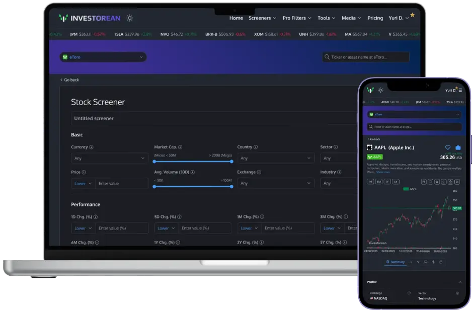 Investorean stock screener displayed on desktop and mobile devices