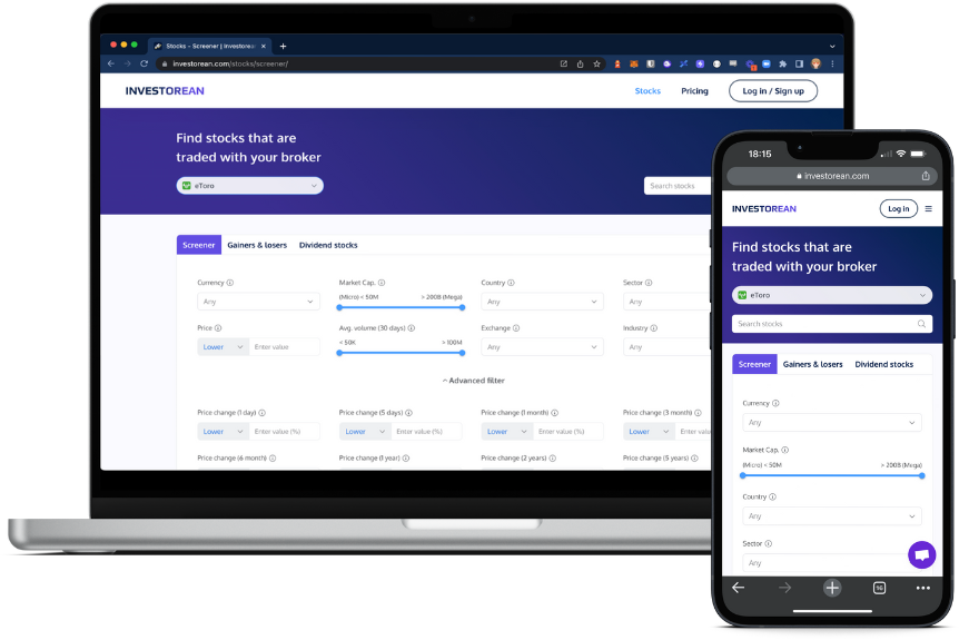 Investorean stock screener displayed on desktop and mobile devices